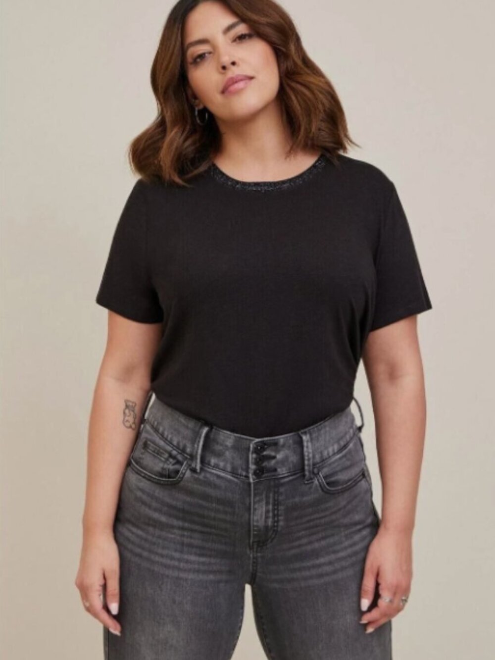 Torrid Black Vintage Super Soft Slub Lurex Rib Trim Crew Neck Tee
